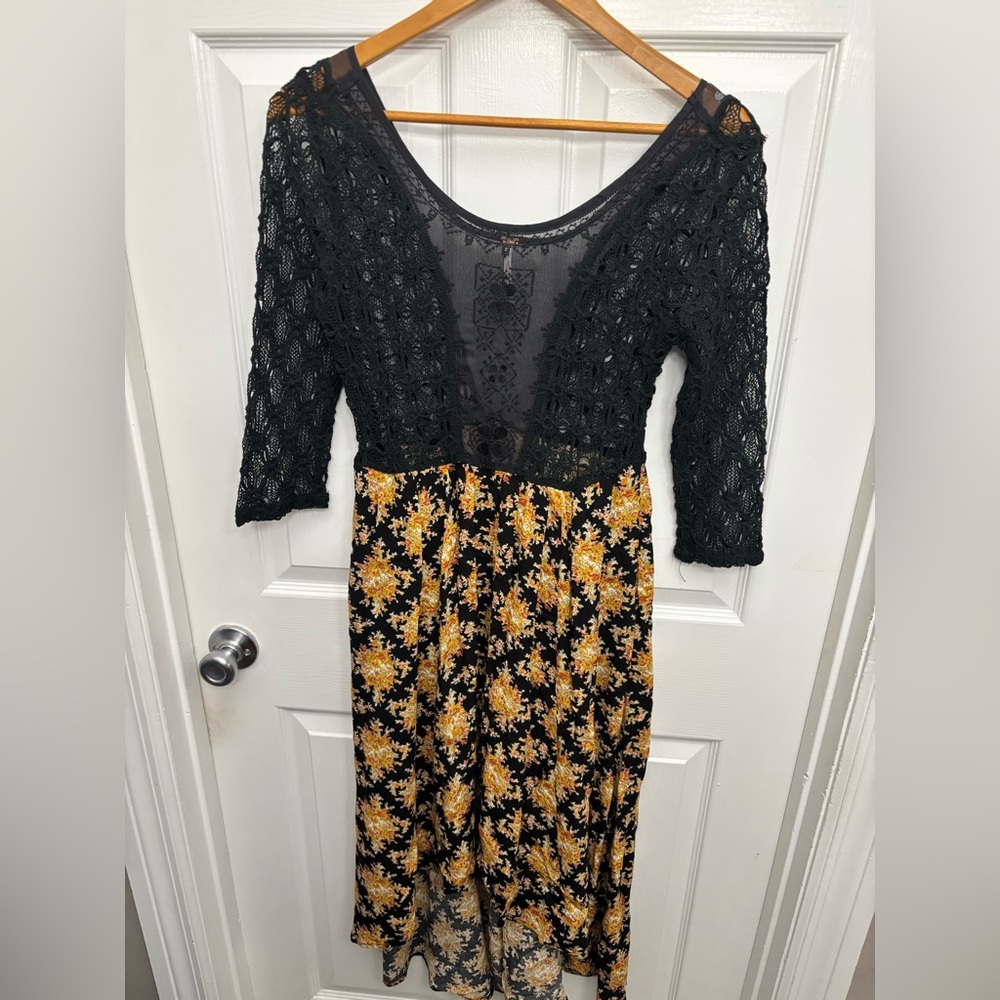 Free People Black Lace and Yellow Floral Midi Boho Festival Whimsigoth Dress, 8